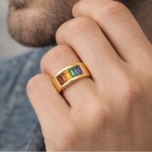 Brand New!! Titanium band with rainbow flag stones